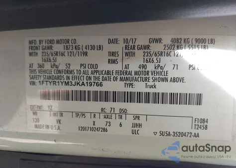 2018 Ford Transit-250 z USA, uszkodzony, nr VIN 1FTYR1YM3JKA19766